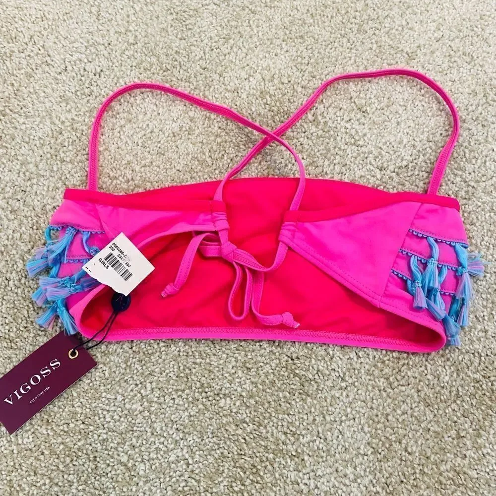 NWT vigoss swim pink active top with turquoise fringe adjustable straps tie